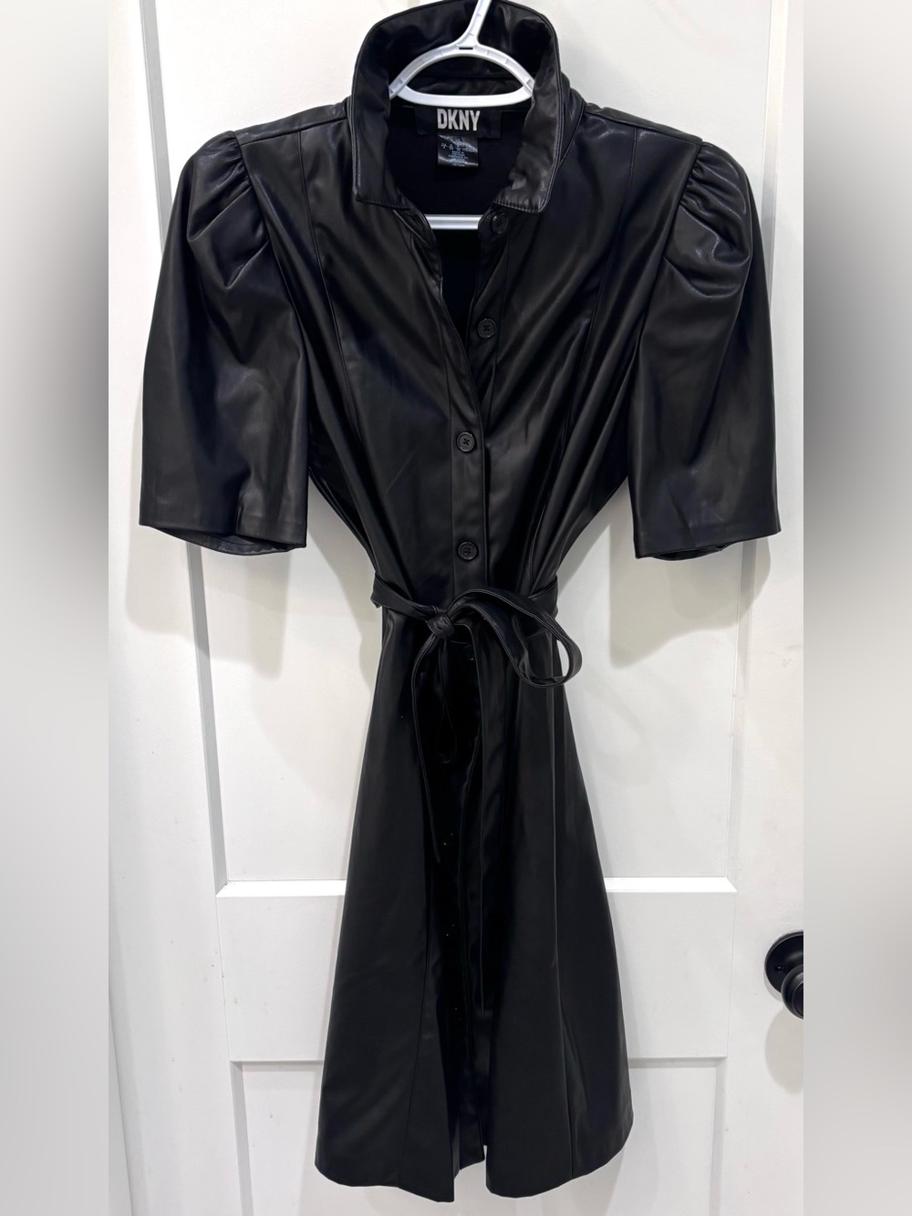 DKNY Vegan Leather Puff-sleeve Belted Mini Shirtdress. Size 4